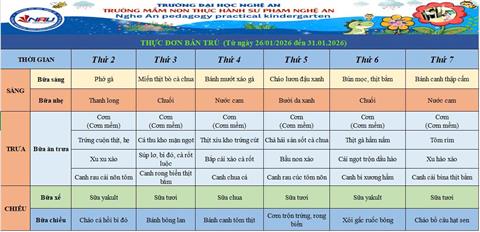 Thực đơn bán trú (Từ ngày 26/01/2026 đến ngày 31/01/2026)