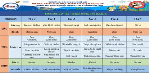 Thực đơn bán trú tuần từ 23/3/2026 đến 28/3/2026
