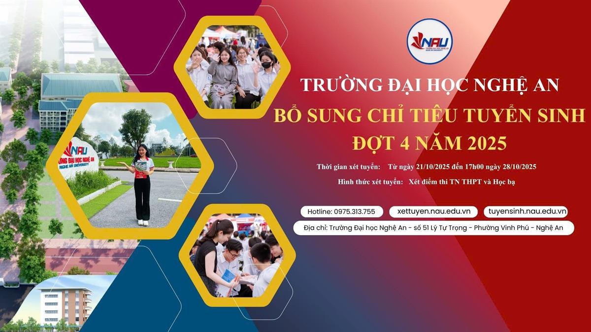 TRƯỜNG ĐẠI HỌC NGHỆ AN BỔ SUNG CHỈ TIÊU TUYỂN SINH VÀ THÔNG BÁO ĐIỂM XÉT TUYỂN ĐẠI HỌC CHÍNH QUY - ĐỢT 4 NĂM 2025 