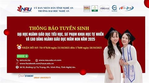 Trường Đại học Nghệ An  thông báo tuyển sinh đại học các ngành Sư phạm Khoa học tự nhiên, Giáo dục Tiểu học và Cao đẳng Giáo dục Mầm non năm 2025
