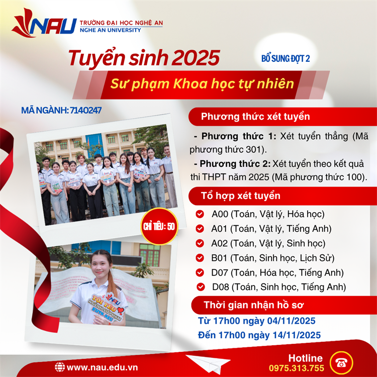 TRƯỜNG ĐẠI HỌC NGHỆ AN THÔNG BÁO XÉT TUYỂN ĐẠI HỌC CHÍNH QUY ĐỢT 2 – NGÀNH SƯ PHẠM KHOA HỌC TỰ NHIÊN NĂM 2025