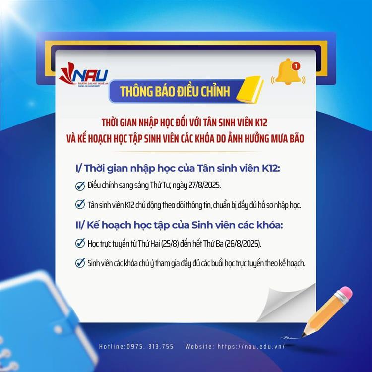 Điều chỉnh kế hoạch nhập học Tân sinh viên K12 và kế hoạch học tập của sinh viên các khoá do ảnh hưởng mưa bão